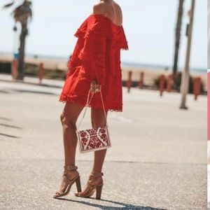 Red off the shoulder tiered dress